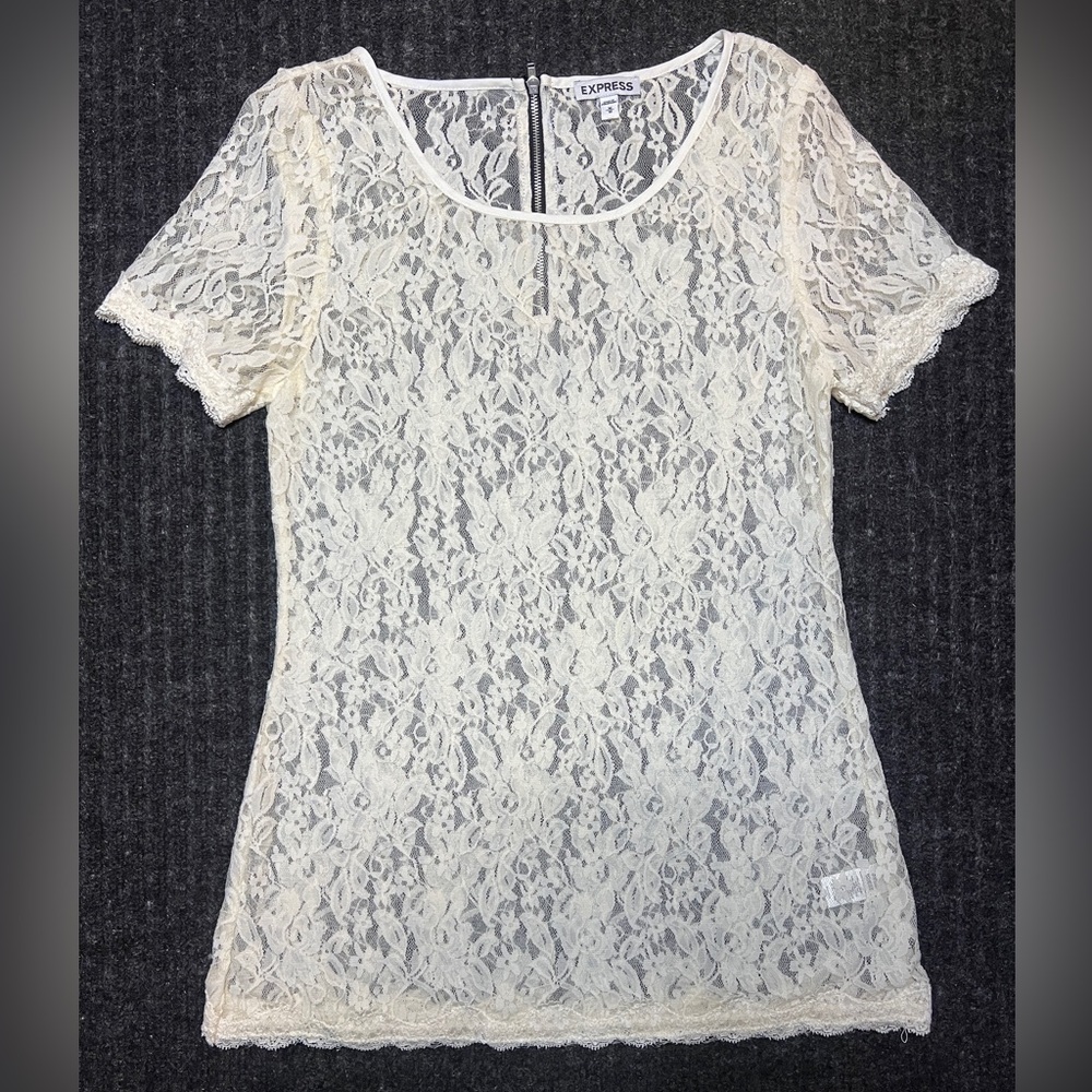 Express  Cream Lace Short Sleeve Blouse Sheer Zip Back Top Size M Sheer Lace
